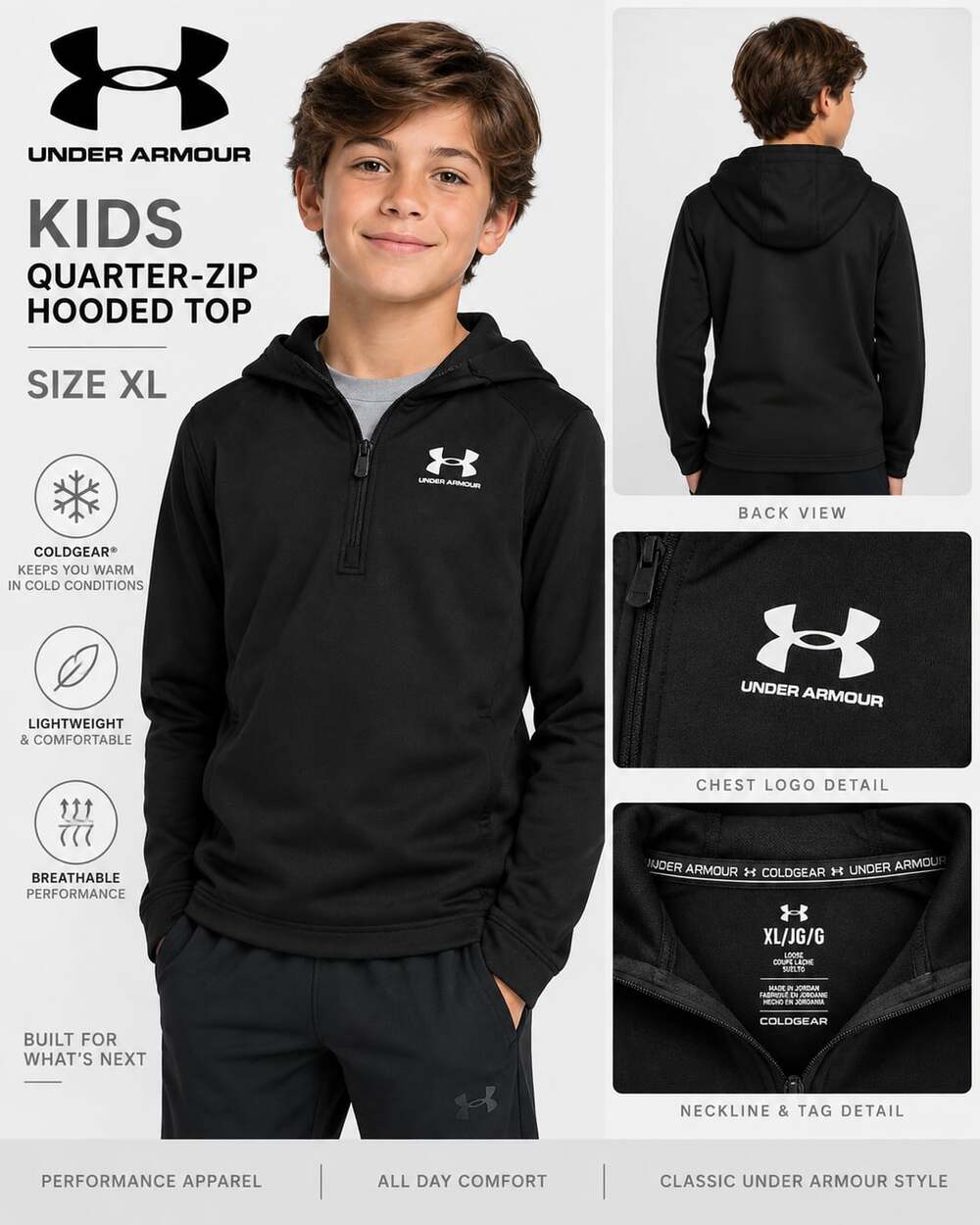 Under Armour Kids Quarter-Zip Hooded Top Size 14 XL Black ColdGear